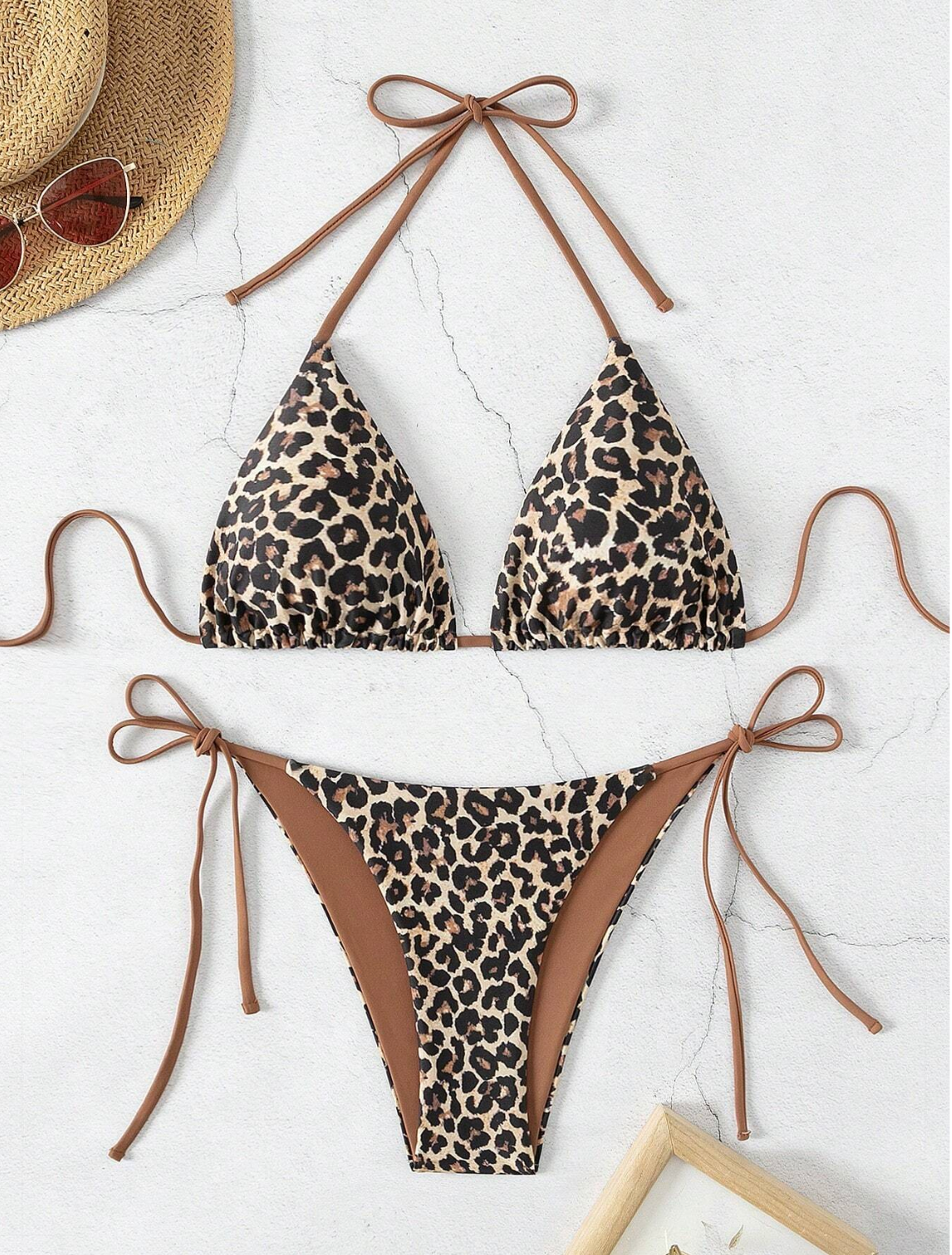 1: Luipaard print Driehoek Bikini Top met Spaghetti Bandjes