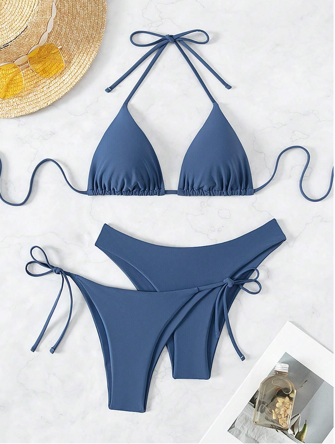 1: Grijs Blauwe Driehoek Bikini Broekje Hoog Uigesneden