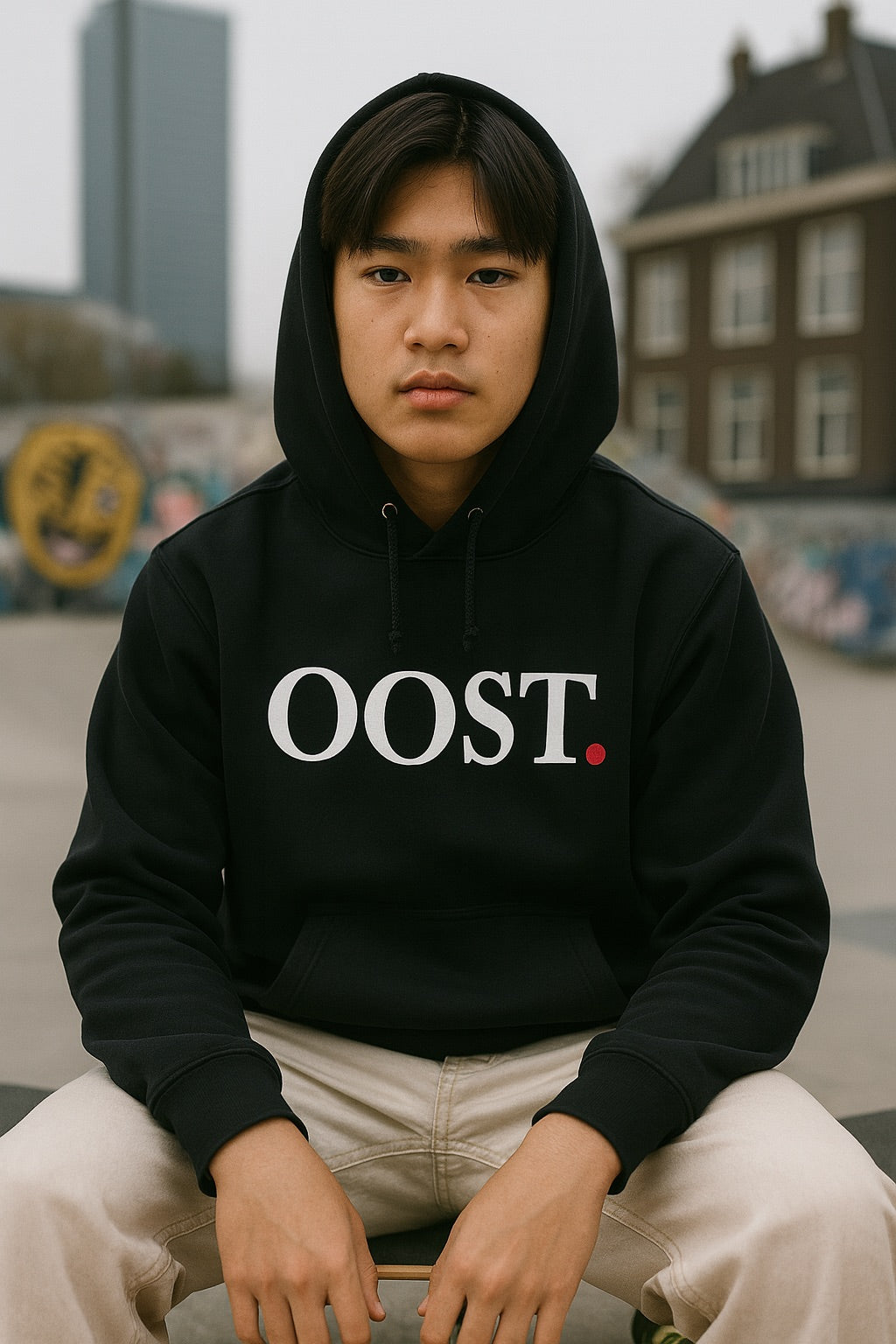 unisex hoodie zwart oost witte letters rode stip
